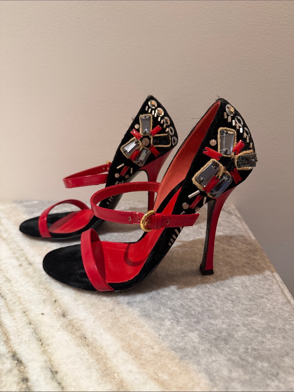 Sergio Rossi Red and Black Jeweled High Heel Sandals